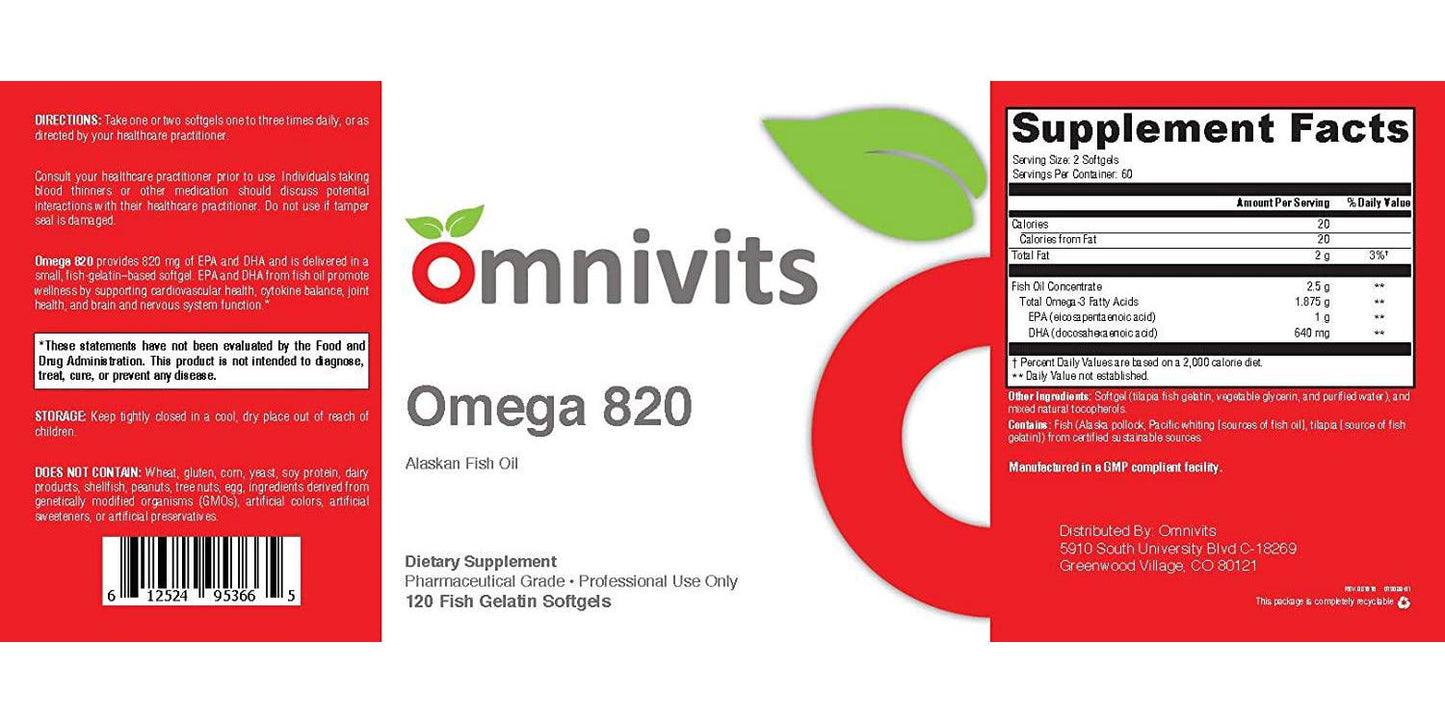 Omnivits Omega 820 | Concentrated Alaskan Fish Oil | 820mg of EPA and DHA | Omega 3 Fatty Acids | Enteric Coating for Easy to Swallow and Optimally Absorbed | 120 Softgels