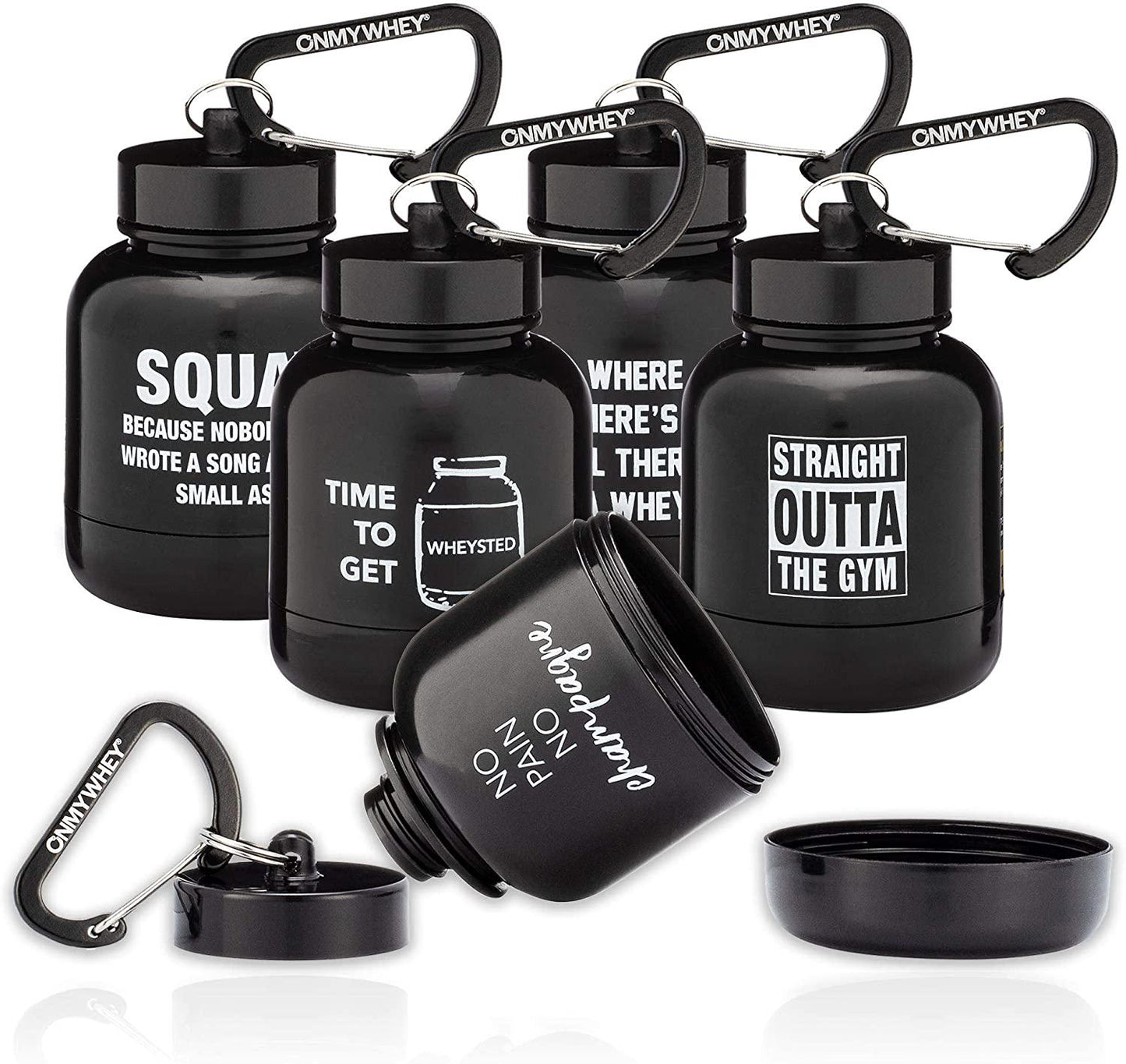 OnMyWhey - Protein Powder and Supplement Funnel Keychain, Portable to-Go Container for The Gym, Workouts, Fitness, and Travel - TSA Approved, Punny Variety 5-Pack