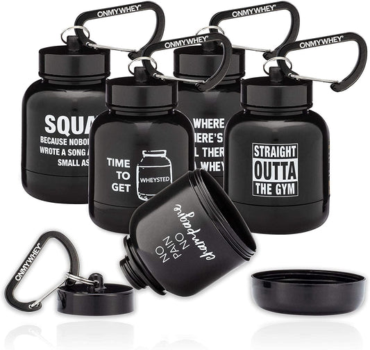 OnMyWhey - Protein Powder and Supplement Funnel Keychain, Portable to-Go Container for The Gym, Workouts, Fitness, and Travel - TSA Approved, Punny Variety 5-Pack