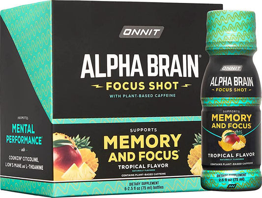 Onnit Alpha BRAIN Focus Energy Shot Supplement - Energy, Focus, Mood, Stress, Brain Booster Drink - Tropical (2.5 fl oz, 6 ct)