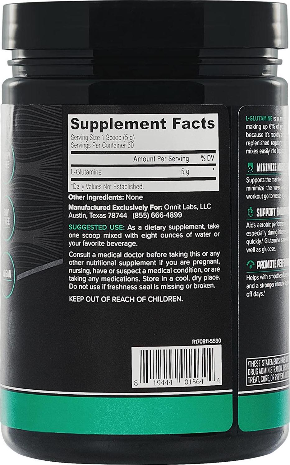 Onnit Glutamine | Boosts Aerobic Performance, Reaction Time and Gut Health | NSF Certified for Sport | 60 Servings (Unflavored)
