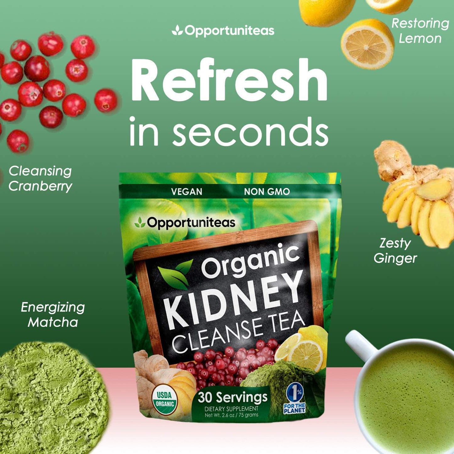 Opportuniteas Organic Kidney Detox Tea- Matcha Green Tea, Cranberry, Lemon and Ginger. 4 Cleansing Superfoods For Drinks. A Natural Detox Cleanse and Organic Energy Drink, Vegan and Non-GMO - 30 Servings