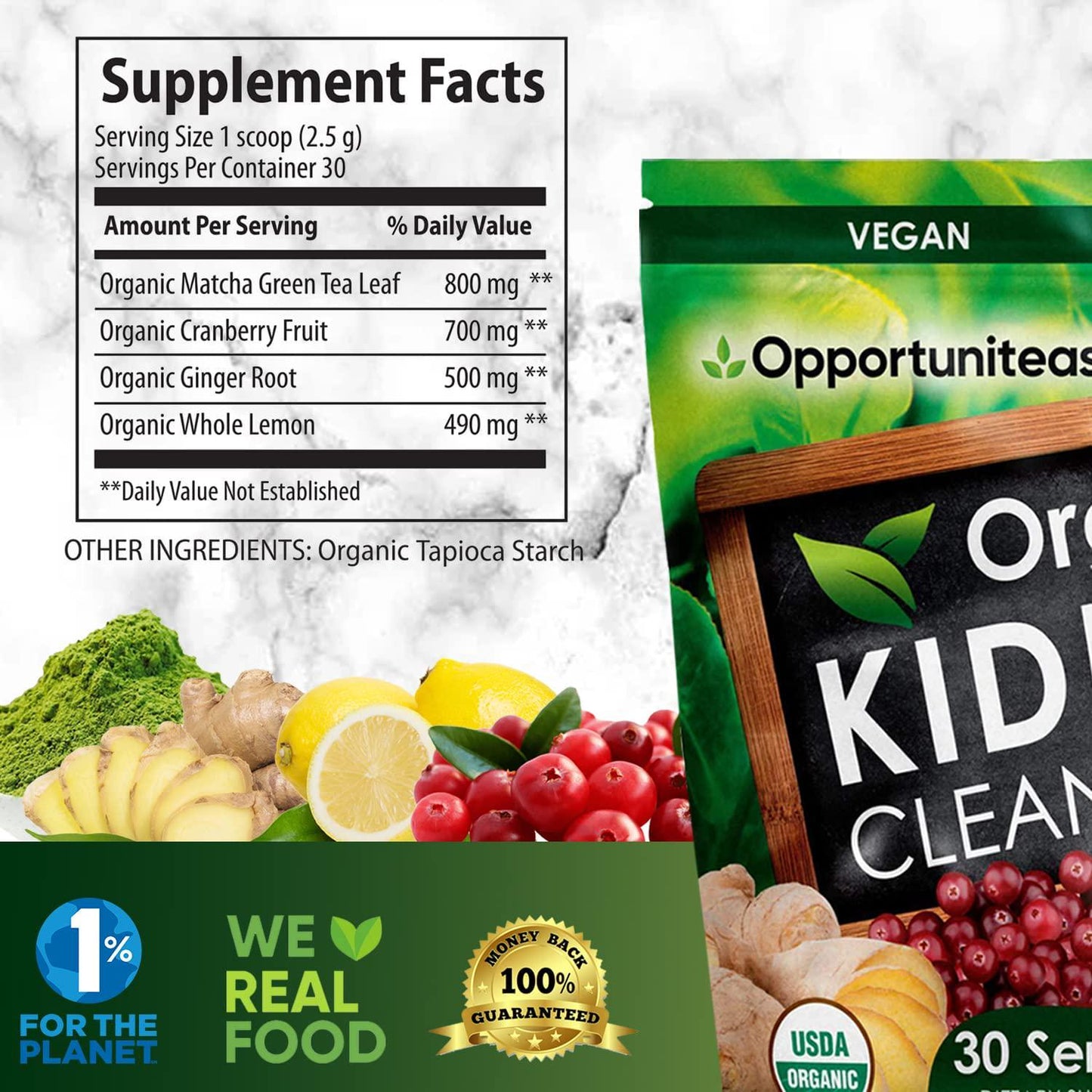 Opportuniteas Organic Kidney Detox Tea- Matcha Green Tea, Cranberry, Lemon and Ginger. 4 Cleansing Superfoods For Drinks. A Natural Detox Cleanse and Organic Energy Drink, Vegan and Non-GMO - 30 Servings