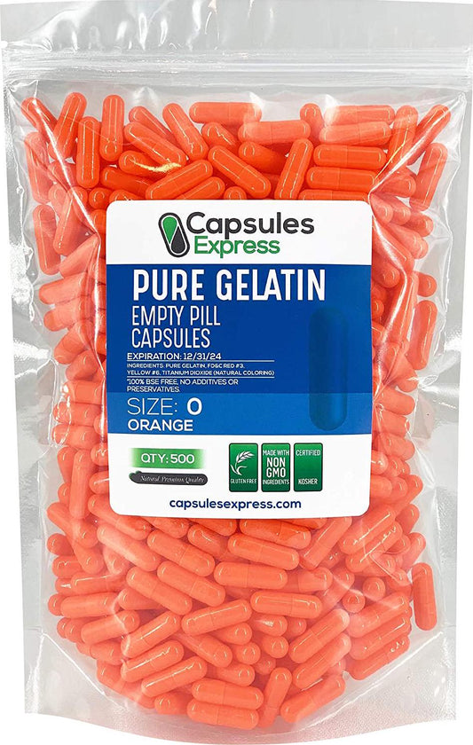 Orange Size 0 Empty Gelatin Gelcaps Capsules - Halal and Kosher Certified by Capsules Express (500)