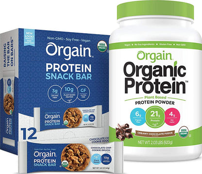 Orgain Bundle - Chocolate Protein Powder and Chocolate Chip Cookie Dough Protein Bars (12 Count) - Made without Gluten, Non-GMO