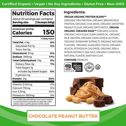 Orgain Bundle - Chocolate and Chocolate Peanut Butter Protein Powder - (20 Servings each) Vegan, Low Net Carbs, Made without Dairy, Gluten and Soy