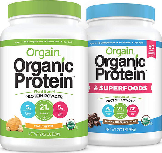 Orgain Bundle - Peanut Butter Protein Powder and Chocolate Protein and Superfoods Powder - Vegan, Made without Dairy, Gluten and Soy, Non-GMO