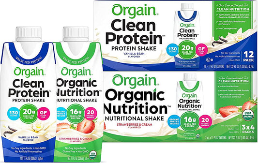 Orgain Bundle - Vanilla and Strawberry Protein Shakes - 12 Count Each, Ready to Drink, Made without Gluten and Soy, Non-GMO