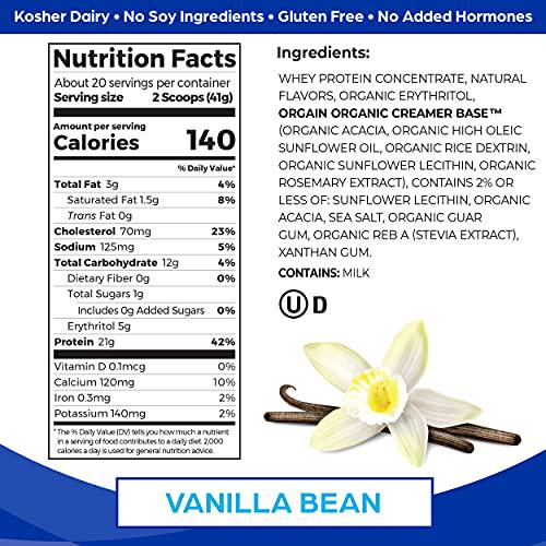 Orgain Grass Fed Whey Protein Powder, Vanilla Bean - 21g of Protein, Low Net Carbs, Gluten Free, Soy Free, No Sugar Added, Kosher, Non-GMO, 1.82 Lb (Packaging May Vary)