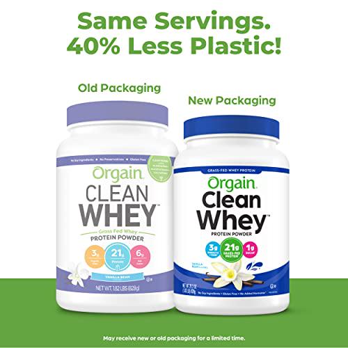 Orgain Grass Fed Whey Protein Powder, Vanilla Bean - 21g of Protein, Low Net Carbs, Gluten Free, Soy Free, No Sugar Added, Kosher, Non-GMO, 1.82 Lb (Packaging May Vary)