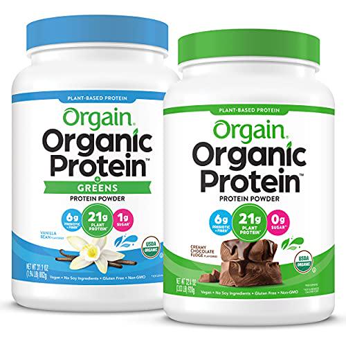 Orgain Organic Plant Based Protein and Greens Powder, Vanilla Bean - 1.94 Pound and Organic Plant Based Protein Powder, Creamy Chocolate Fudge - Vegan, Low Net Carbs, Non Dairy, 2.03 Pound