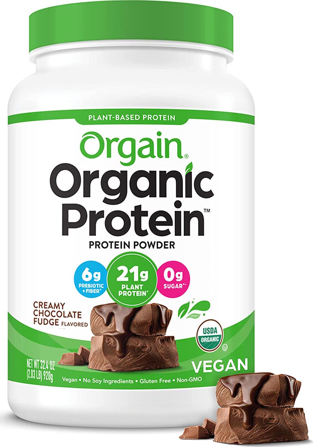 Orgain Organic Plant Based Protein Powder,Creamy Chocolate Fudge -21g of Protein, Vegan, Low Net Carbs,Non Dairy,Gluten Free, No Sugar Added, Soy Free, Kosher,Non-GMO, 2.03 Lb (Packaging May Vary)