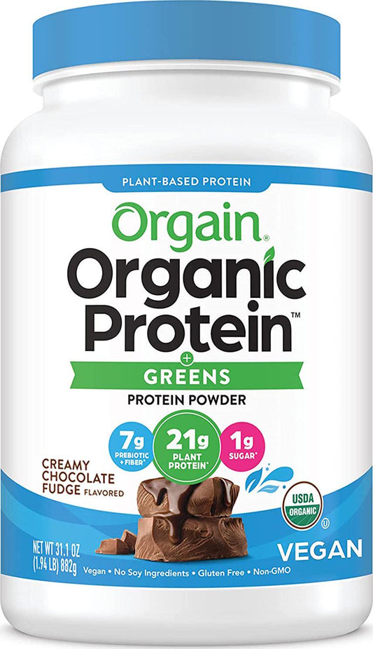 Orgain Organic Plant Based Protein and Greens Powder, Creamy Chocolate Fudge - Vegan, Dairy Free, Gluten Free, Lactose Free, Soy Free, Low Sugar, Kosher, Non-GMO, 1.94 Pound (Packaging May Vary)