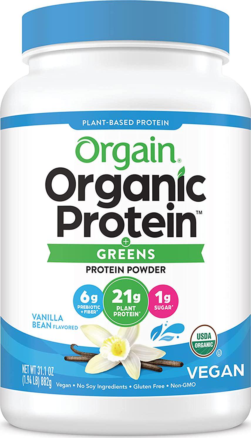 Orgain Organic Plant Based Protein and Greens Powder, Vanilla Bean - Vegan, Dairy Free, Gluten Free, Lactose Free, Soy Free, Low Sugar, Kosher, Non-GMO, 1.94 Pound (Packaging May Vary)