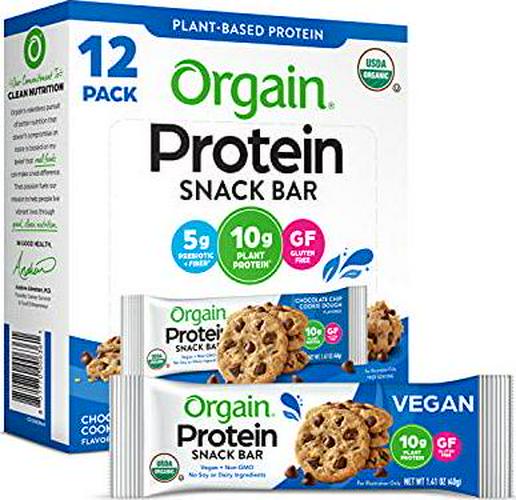 Orgain Organic Plant Based Protein Bar, Chocolate Chip Cookie Dough - 10g of Protein, Vegan, Gluten Free, Non Dairy, Soy Free, Lactose Free, Kosher, Non-GMO, 1.41 Ounce, 12 Count (Packaging May Vary)