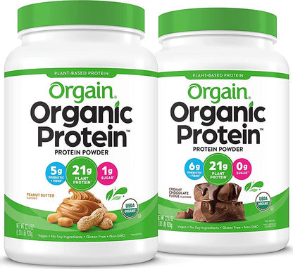 Orgain Organic Plant Based Protein Powder, Peanut Butter - Vegan, Low Net Carbs, 2.03 Pound and Organic Plant Based Protein Powder, Creamy Chocolate Fudge - Vegan, Low Net Carbs, Non Dairy, 2.03 Pound