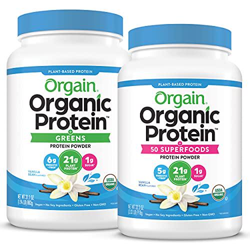 Orgain Organic Plant Based Protein and Greens Powder, Creamy Chocolate Fudge - 1.94 Pound and Organic Plant Based Protein + Superfoods Powder, Vanilla Bean - Vegan, Non Dairy, Lactose Free, 2.02 lb