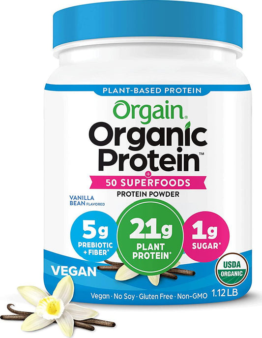 Orgain Organic Plant Based Protein + Superfoods Powder, Vanilla Bean - Vegan, Non Dairy, Lactose Free, No Sugar Added, Gluten Free, Soy Free, Non-GMO, 1.12 lb