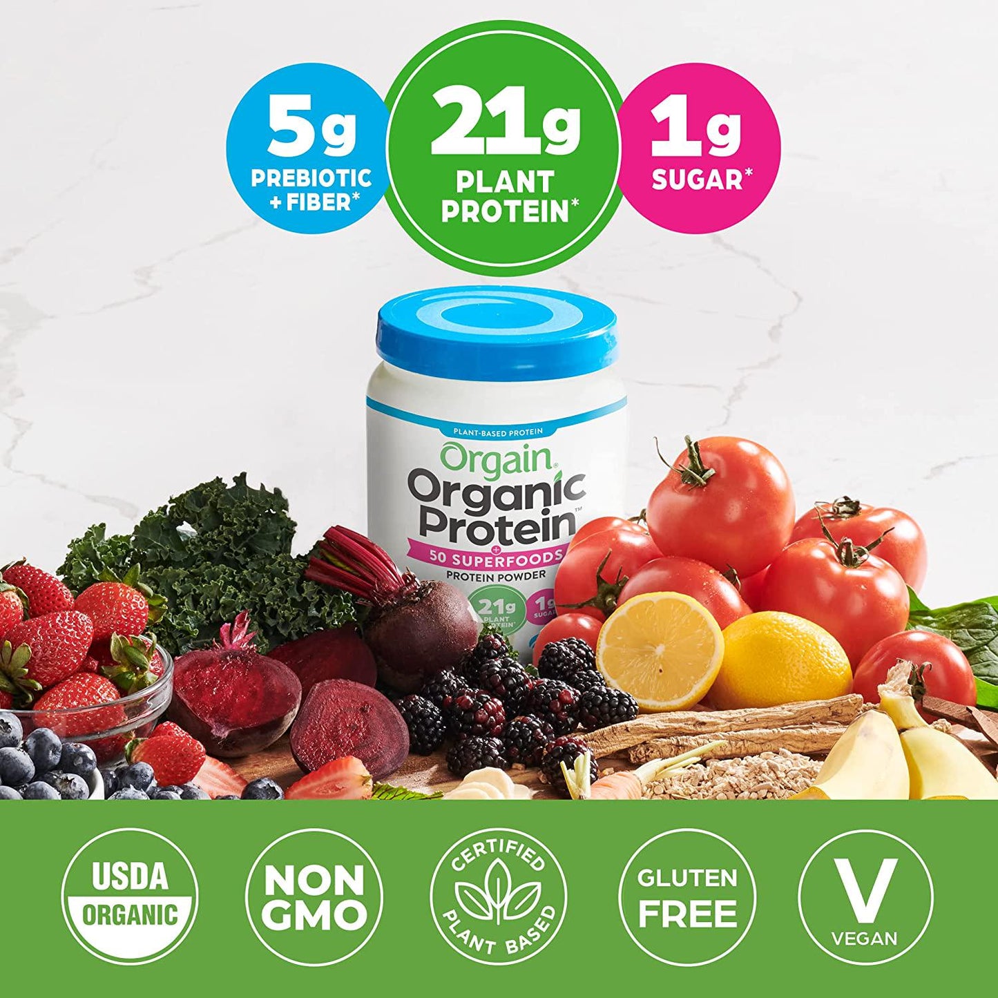 Orgain Organic Plant Based Protein + Superfoods Powder, Vanilla Bean - Vegan, Non Dairy, Lactose Free, No Sugar Added, Gluten Free, Soy Free, Non-GMO, 1.12 lb