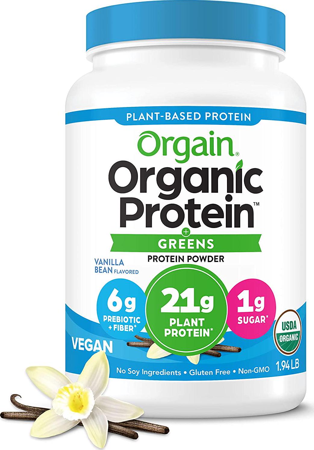 Orgain Organic Plant Based Protein and Greens Powder, Vanilla Bean - Vegan, Dairy Free, Gluten Free, Lactose Free, Soy Free, Low Sugar, Kosher, Non-GMO, 1.94 Pound (Packaging May Vary)