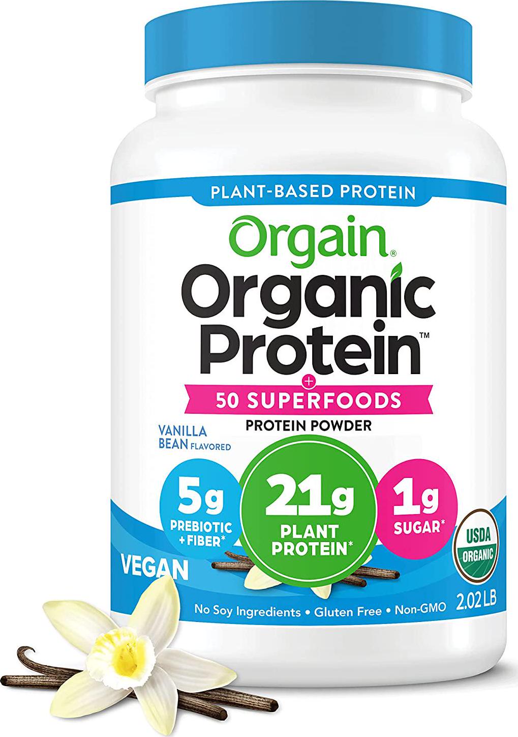 Orgain Organic Protein + Superfoods Powder, Vanilla Bean - 21g of Protein, Vegan, Plant Based, 5g of Fiber, No Dairy, Gluten, Soy or Added Sugar, Non-GMO, 2.02lb