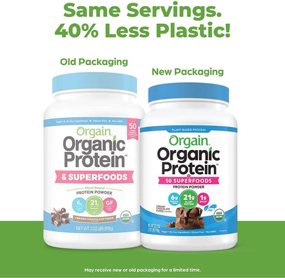 Orgain Organic Protein + Superfoods Powder, Creamy Chocolate Fudge - 21g of Protein, Vegan, Plant Based, 6g of Fiber, No Dairy, Gluten, Soy or Added Sugar, Non-GMO, 2.02 Lb