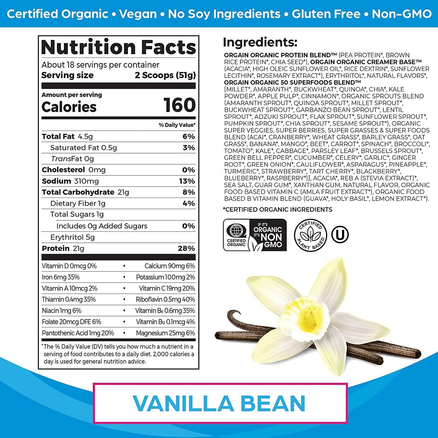 Orgain Organic Protein + Superfoods Powder, Vanilla Bean - 21g of Protein, Vegan, Plant Based, 5g of Fiber, No Dairy, Gluten, Soy or Added Sugar, Non-GMO, 2.02lb
