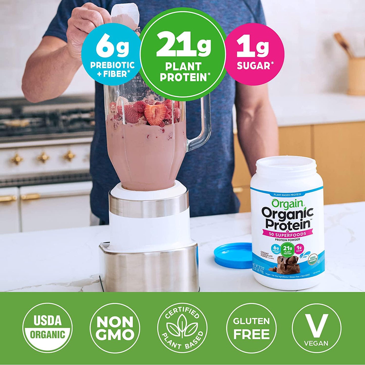 Orgain Organic Protein + Superfoods Powder, Creamy Chocolate Fudge - 21g of Protein, Vegan, Plant Based, 6g of Fiber, No Dairy, Gluten, Soy or Added Sugar, Non-GMO, 2.02 Lb