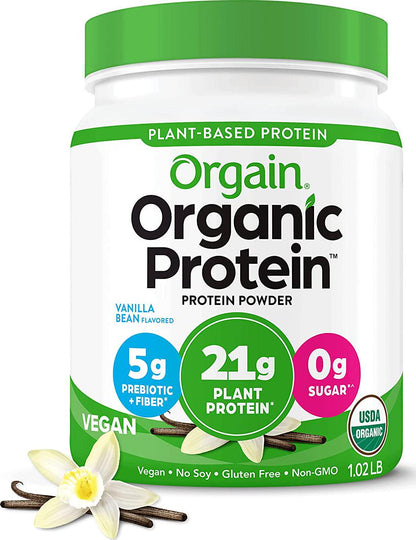 Orgain Organic Vegan Protein Powder, Vanilla Bean - 21g of Plant Based Protein, Low Net Carbs, Non Dairy, Gluten Free, Lactose Free, No Sugar Added, Soy Free, Kosher, 1.02 Pound (Packaging May Vary)