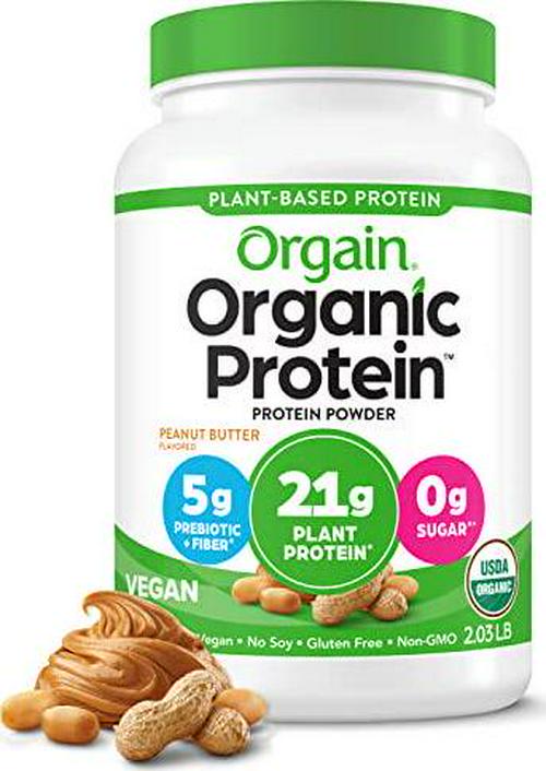 Orgain Organic Vegan Protein Powder, Peanut Butter - 21g of Plant Based Protein, Low Net Carbs, Non Dairy, Gluten Free, Lactose Free, No Sugar Added, Soy Free, Kosher, Non-GMO, 2.03 Pound