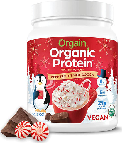 Orgain Organic Vegan Protein Powder, Peppermint Hot Cocoa Seasonal Holiday Flavor - 21g of Plant Based Protein, Non Dairy, Gluten Free, 2g of Fiber, No Sugar Added, Soy Free, Non-GMO, 1.02 Lb