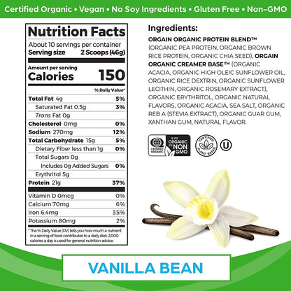 Orgain Organic Vegan Protein Powder, Vanilla Bean - 21g of Plant Based Protein, Low Net Carbs, Non Dairy, Gluten Free, Lactose Free, No Sugar Added, Soy Free, Kosher, 1.02 Pound (Packaging May Vary)