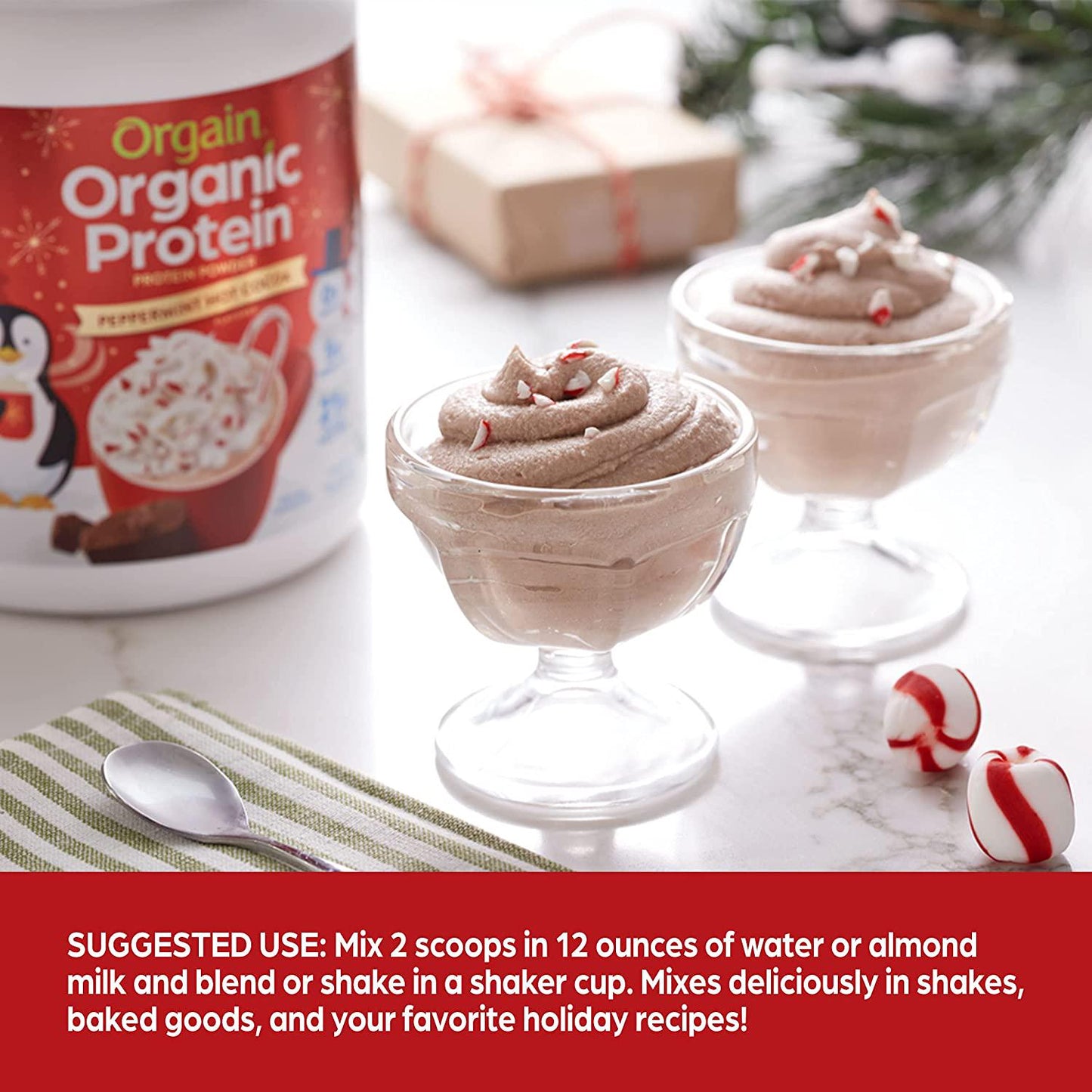 Orgain Organic Vegan Protein Powder, Peppermint Hot Cocoa Seasonal Holiday Flavor - 21g of Plant Based Protein, Non Dairy, Gluten Free, 2g of Fiber, No Sugar Added, Soy Free, Non-GMO, 1.02 Lb