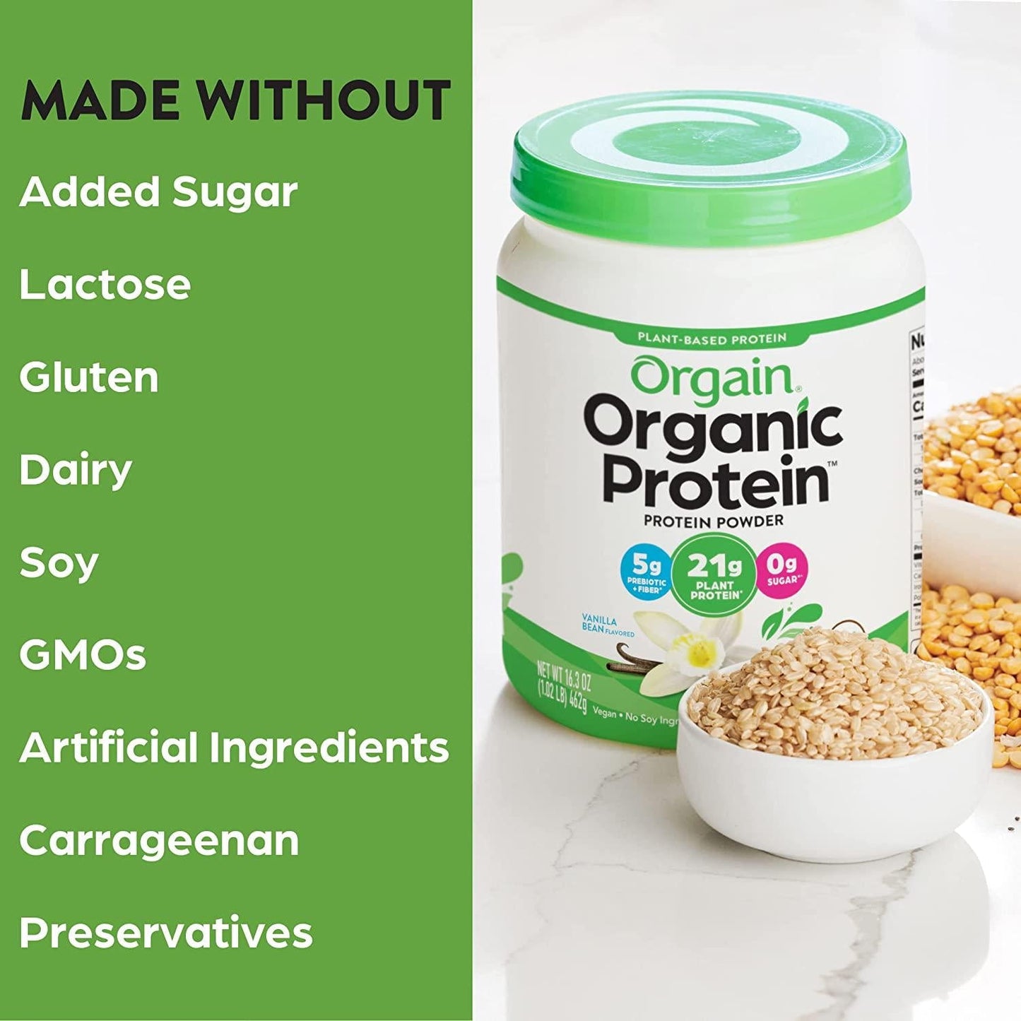 Orgain Organic Vegan Protein Powder, Vanilla Bean - 21g of Plant Based Protein, Low Net Carbs, Non Dairy, Gluten Free, Lactose Free, No Sugar Added, Soy Free, Kosher, 1.02 Pound (Packaging May Vary)