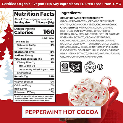 Orgain Organic Vegan Protein Powder, Peppermint Hot Cocoa Seasonal Holiday Flavor - 21g of Plant Based Protein, Non Dairy, Gluten Free, 2g of Fiber, No Sugar Added, Soy Free, Non-GMO, 1.02 Lb