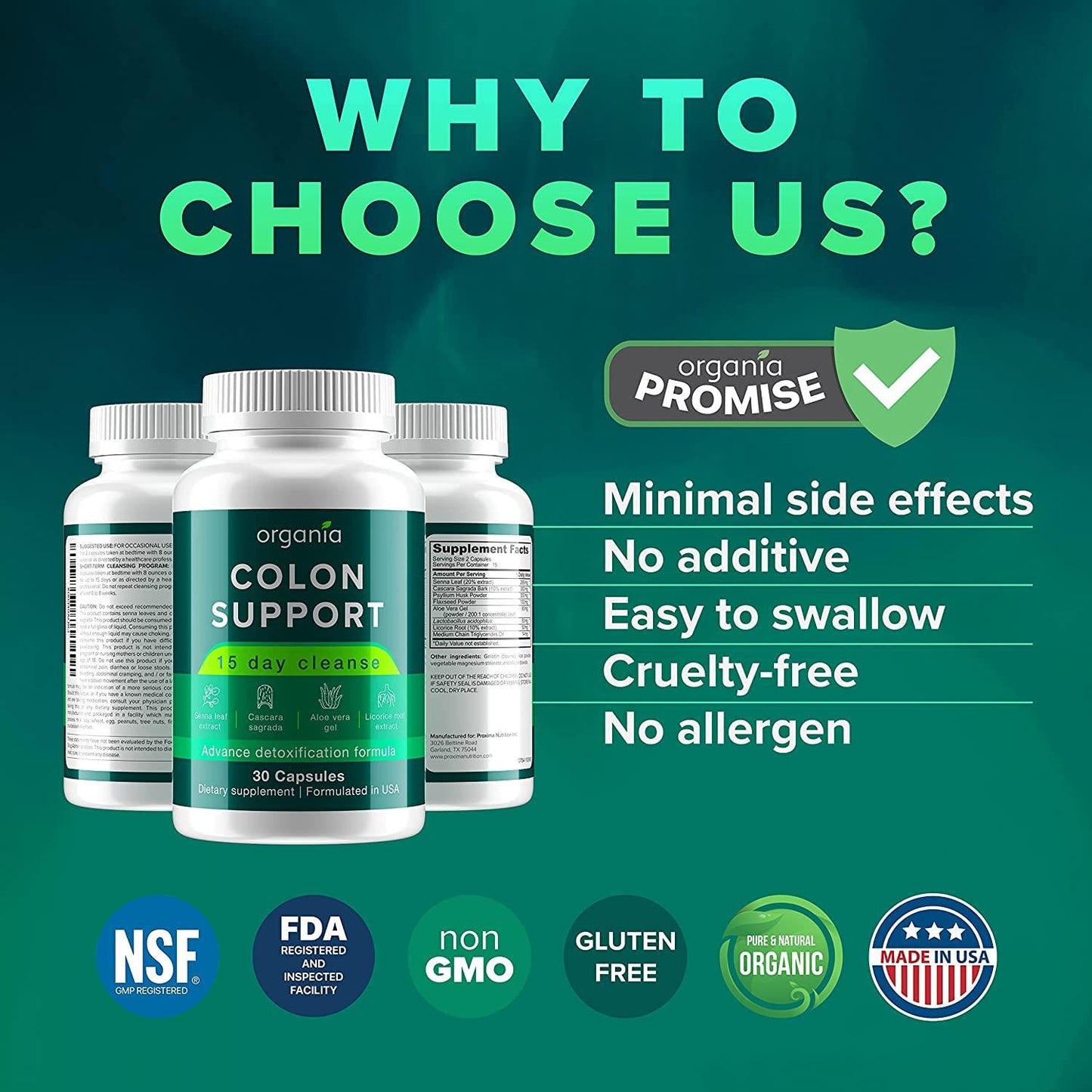 Organia Colon Support - Natural Laxative for Bowel Movement, Constipation Relief and Bloating Support - 30 Capsules - Made in USA, 30 Count (Pack of 1)