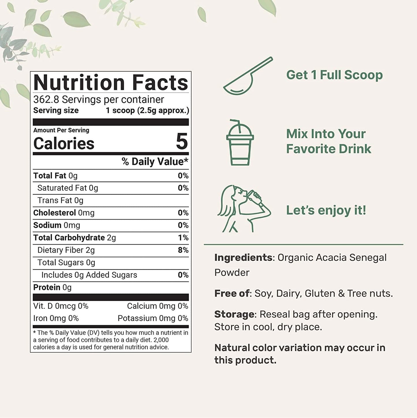 Organic Acacia Senegal Powder, 2 Pounds (32 Ounce), Instant Soluble Fiber Powder, Plant-Based Prebiotic Superfood for Gut Health, Non-GMO, No Gluten, Vegan