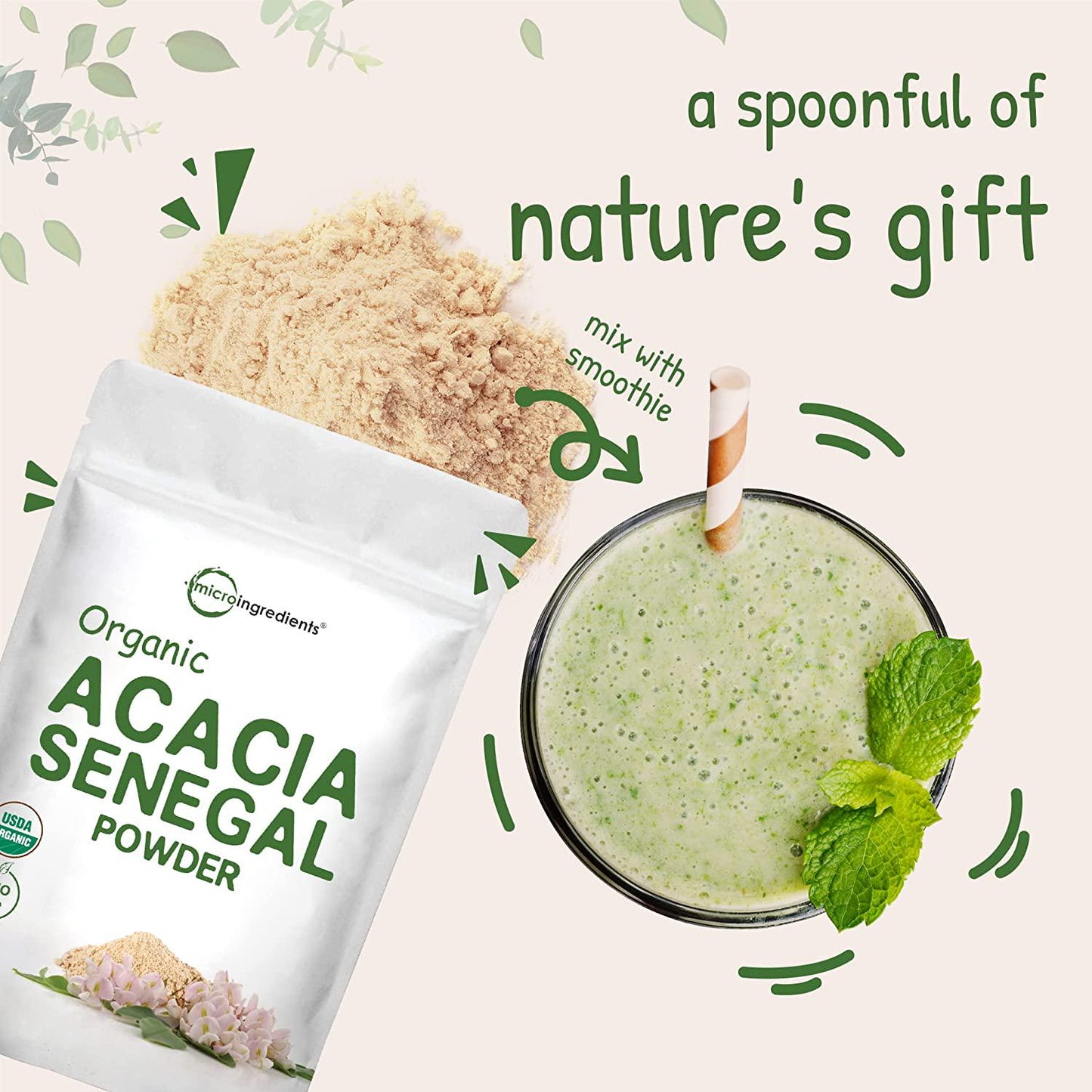 Organic Acacia Senegal Powder, 2 Pounds (32 Ounce), Instant Soluble Fiber Powder, Plant-Based Prebiotic Superfood for Gut Health, Non-GMO, No Gluten, Vegan
