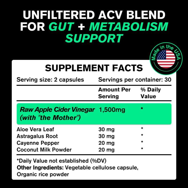 '- - - Organic Apple Cider Vinegar Capsules with Prebiotics - ACV Diet Pills Appetite Suppressant Fiber Supplement - Energy, Gut, and Immune Support