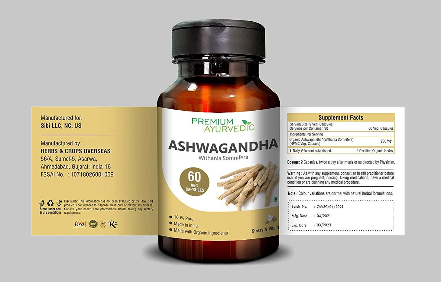 Organic Ashwagandha 900 MG - 60 Vegan Capsules - Premium Ayurvedic