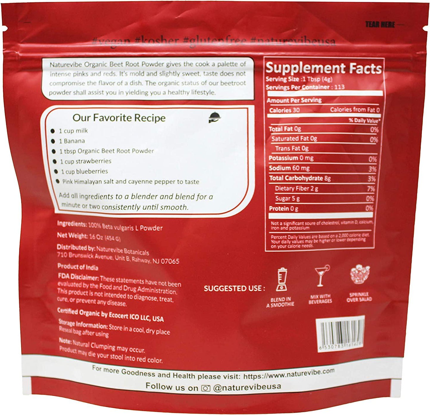 Organic Beet Root Powder (2 lbs), Raw and Non-GMO (2 Pack of 1 Pound Each) | Nitric Oxide Booster | Boost Stamina and Increases Energy