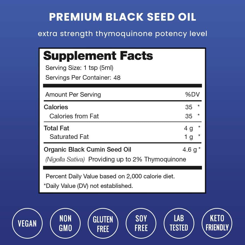 Organic Black Seed Oil - Premium Nigella Sativa Black Cumin Supplement with Thymoquinone and Omega 3 6 9-100% Pure, Extra Virgin, Unrefined, Cold Pressed, Unfiltered, Vegan 8oz