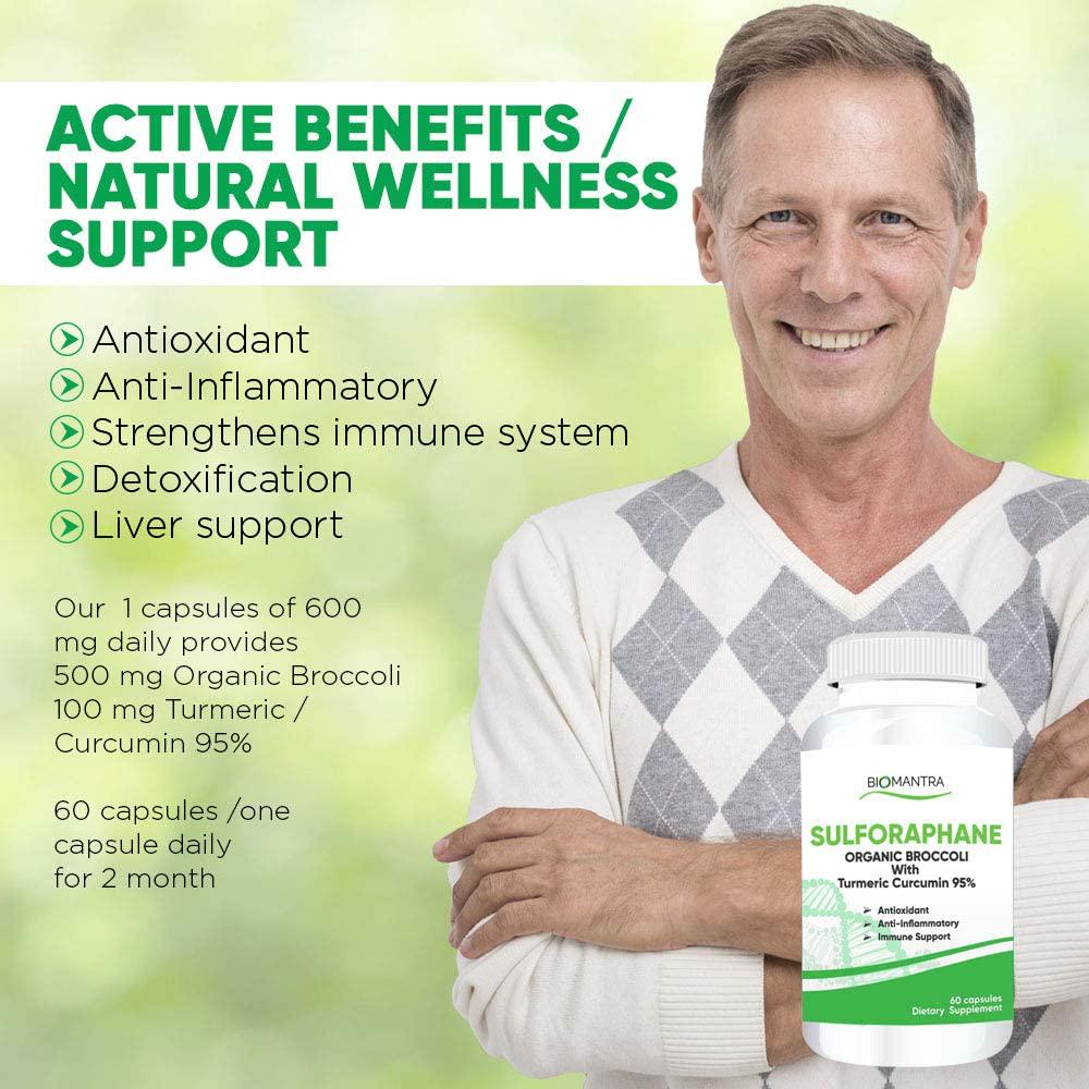 Organic Broccoli Sulforaphane Supplement - 500mg - Natural Anti-Inflammatory Joint Support, Powerful Antioxidant with 95% Turmeric Curcumin, Promote Healthy Liver and Immune System, 60 Vegan Capsules