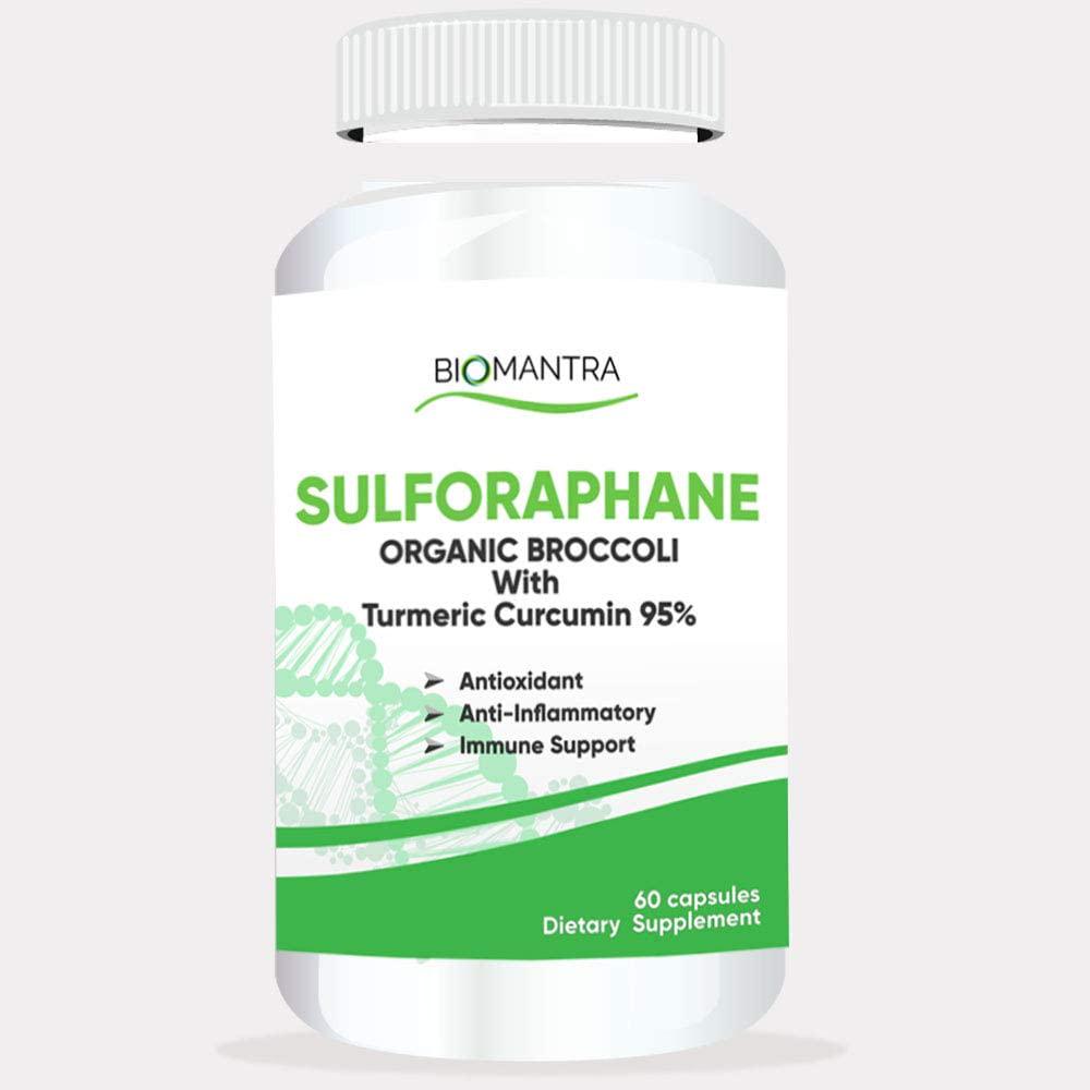Organic Broccoli Sulforaphane Supplement - 500mg - Natural Anti-Inflammatory Joint Support, Powerful Antioxidant with 95% Turmeric Curcumin, Promote Healthy Liver and Immune System, 60 Vegan Capsules