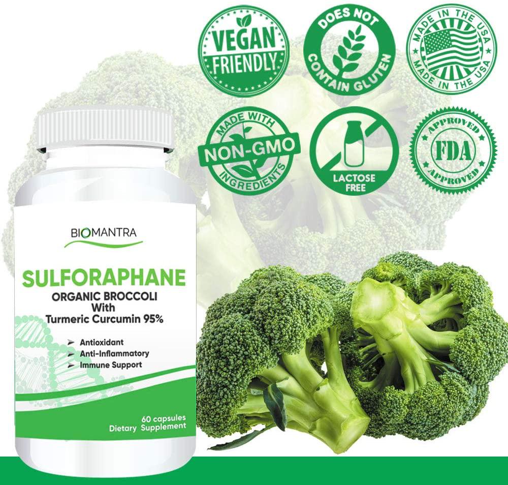 Organic Broccoli Sulforaphane Supplement - 500mg - Natural Anti-Inflammatory Joint Support, Powerful Antioxidant with 95% Turmeric Curcumin, Promote Healthy Liver and Immune System, 60 Vegan Capsules