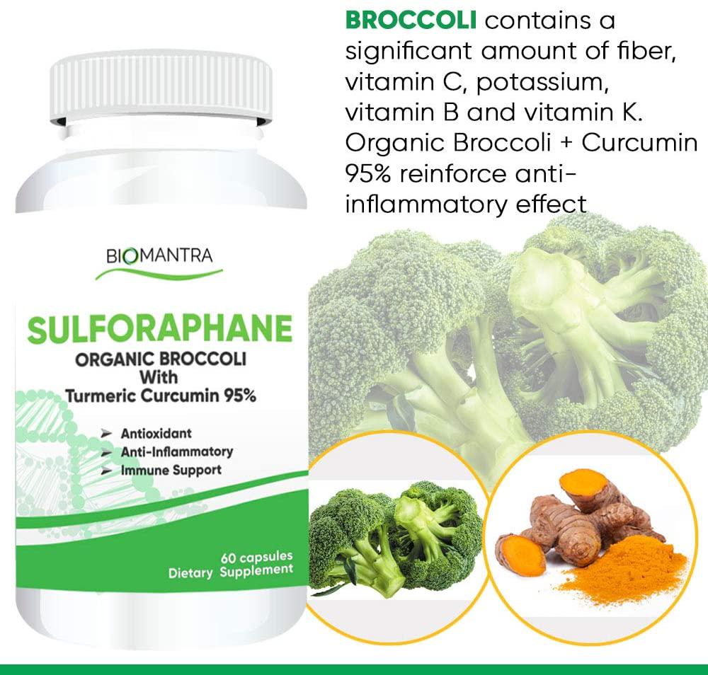 Organic Broccoli Sulforaphane Supplement - 500mg - Natural Anti-Inflammatory Joint Support, Powerful Antioxidant with 95% Turmeric Curcumin, Promote Healthy Liver and Immune System, 60 Vegan Capsules