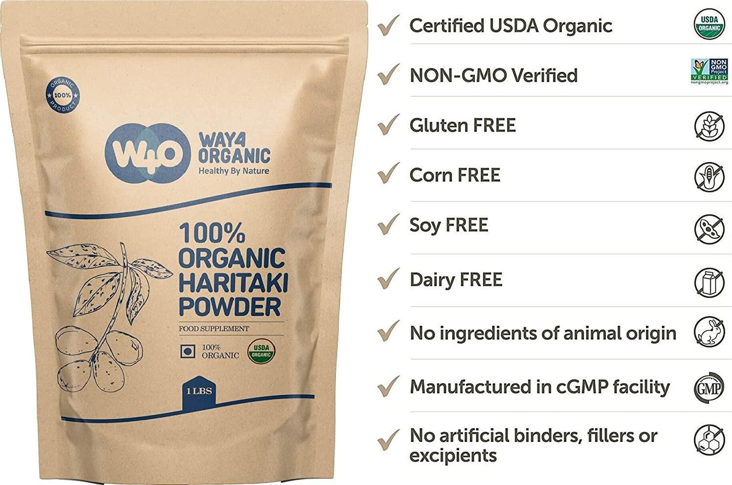 Organic Haritaki Powder 1lb (16 Ounces), Terminalia Chebula (Kadukkai) - Detoxification and Rejuvenation*, Good for Hair and to Reduce Dark Circles - Way4Organic