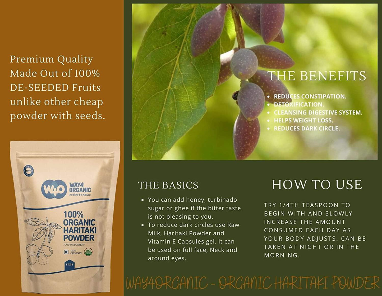 Organic Haritaki Powder 1lb (16 Ounces), Terminalia Chebula (Kadukkai) - Detoxification and Rejuvenation*, Good for Hair and to Reduce Dark Circles - Way4Organic