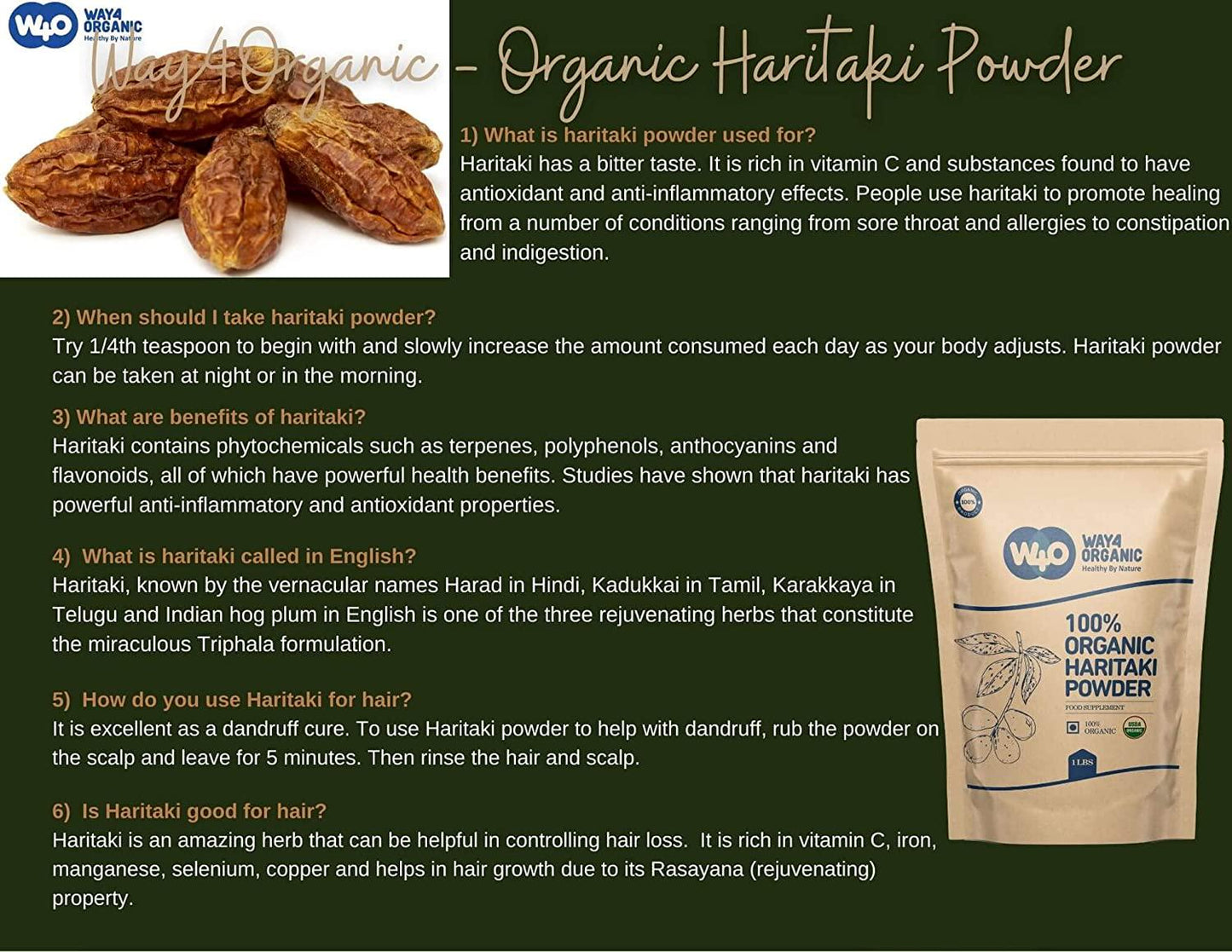 Organic Haritaki Powder 1lb (16 Ounces), Terminalia Chebula (Kadukkai) - Detoxification and Rejuvenation*, Good for Hair and to Reduce Dark Circles - Way4Organic