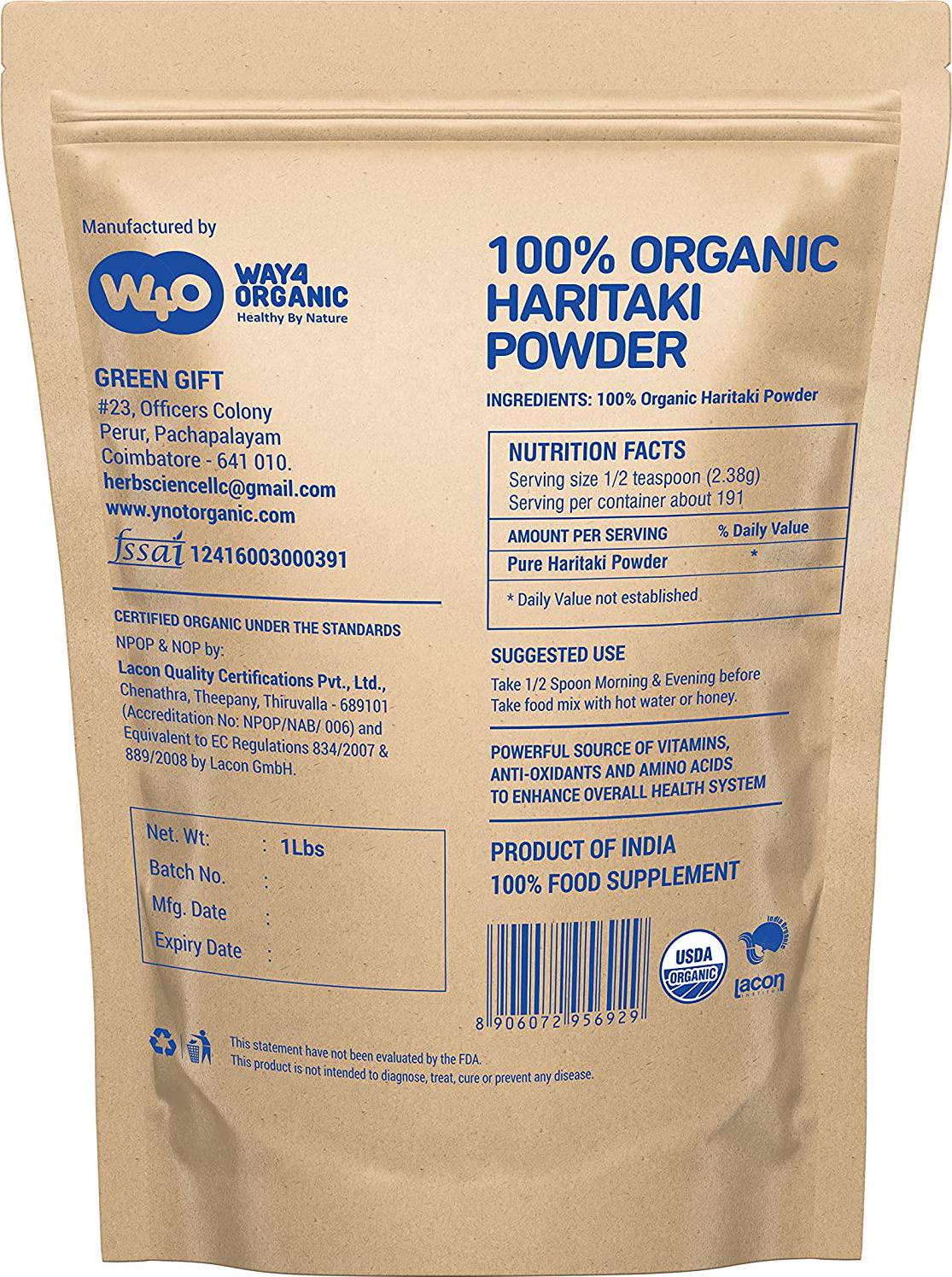 Organic Haritaki Powder 1lb (16 Ounces), Terminalia Chebula (Kadukkai) - Detoxification and Rejuvenation*, Good for Hair and to Reduce Dark Circles - Way4Organic